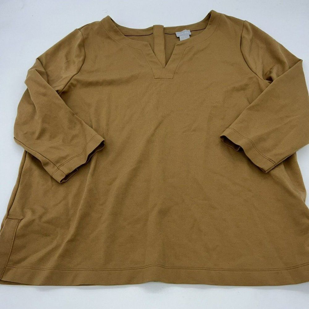 Chicos Brown V Neck 3/4 Sleeve Blouse Button Back Size L